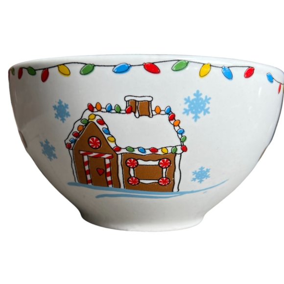 HOLIDAY BOWL Stoneware Gingerbread House People Christmas Lights Snowflakes Xmas - Picture 2 of 8
